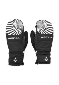 Muffole nere con un motivo a spirale bianco nella parte superiore, caratterizzate da una vestibilità aderente e polsini elastici. Logo del marchio visibile sul palmo.