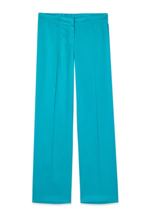 Pantalon turquoise à jambes larges, coupe droite, pli avant, taille élastique et fermeture avant dissimulée.