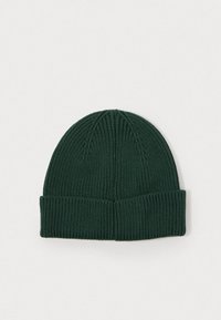 Green knitted beanie with ribbed texture and a folded cuff. Simple design with vertical lines, made from a soft, flexible material.
