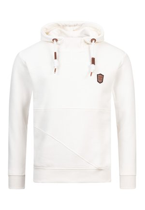 Felpa bianca con cappuccio e lacci, con accenti marroni e una piccola etichetta con logo. Ha una superficie testurizzata e una vestibilità leggermente rilassata.