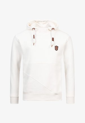 Sweatshirt blanc avec cordons de serrage, présentant des accents marron et une petite étiquette logo. Il a une surface texturée et une coupe légèrement décontractée.