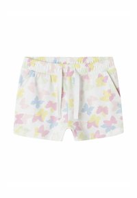 Pantalones cortos blancos con un estampado de mariposas coloridas en rosa, amarillo y azul; cinturilla elástica con cordón; dos bolsillos laterales.