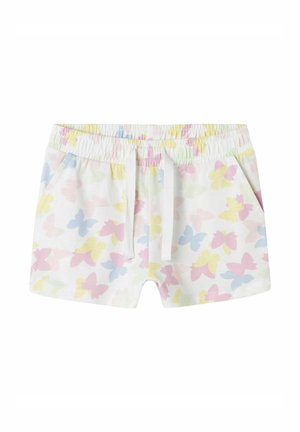 Pantalones cortos blancos con un estampado de mariposas coloridas en rosa, amarillo y azul; cinturilla elástica con cordón; dos bolsillos laterales.