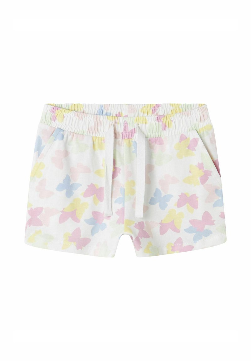 Pantalones cortos blancos con un estampado de mariposas coloridas en rosa, amarillo y azul; cinturilla elástica con cordón; dos bolsillos laterales.