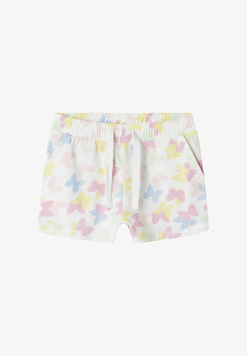 Pantalones cortos blancos con un estampado de mariposas coloridas en rosa, amarillo y azul; cinturilla elástica con cordón; dos bolsillos laterales.