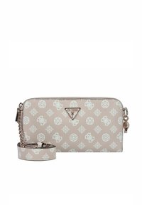 Portafoglio beige con motivo logo in rilievo, hardware argentato e tracolla staccabile. Chiusura a zip con dettaglio marchiato e portachiavi.