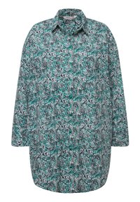 Camicia a maniche lunghe con bottoni, caratterizzata da un motivo paisley in turchese, nero e bianco su un tessuto leggero. Colletto classico e vestibilità morbida.