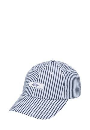 Striped baseball cap in navy and white, made of fabric, featuring a sewn label on the front, curved brim, and ventilating eyelets.