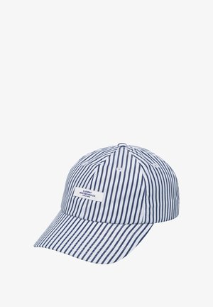 Striped baseball cap in navy and white, made of fabric, featuring a sewn label on the front, curved brim, and ventilating eyelets.