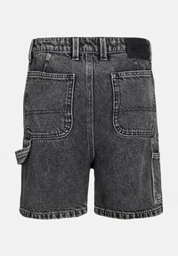Black denim shorts featuring a five-pocket design, a textured finish, and white stitching. Includes a side cargo pocket for added utility.