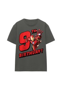 Gray t-shirt featuring a comic-style Iron Man graphic, with "9TH BIRTHDAY!" in large red and black letters, bold design.