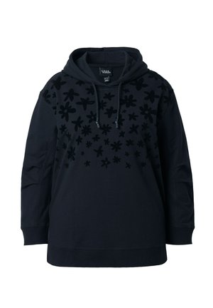 Felpa con cappuccio nera con coulisse e un motivo floreale scuro sparso su petto e spalle, maniche lunghe e polsini e orlo a coste.
