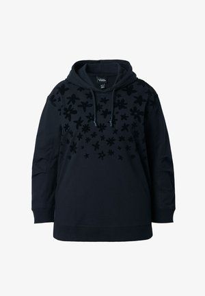 Zwarte hoodie met trekkoorden en een verspreid donker bloemenpatroon over de borst en schouders, lange mouwen, en geribbelde boorden en zoom.