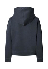 Felpa grigia scura, in misto cotone, con un grande cappuccio, polsini e orlo a coste. Presenta una texture liscia e un design minimalista senza decorazioni.