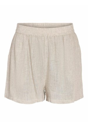 Bežiniai lininiai šortai su elastingu juosmeniu, turintys minkštą tekstūrą, priekyje raukšles ir laisvą, neformalų fitą.