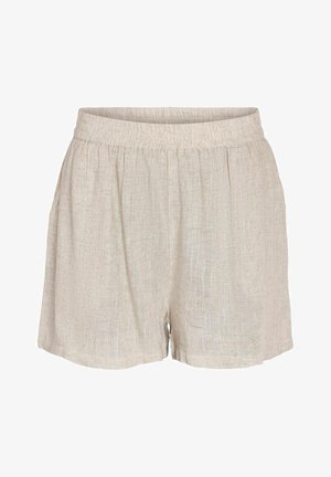 Pantalones cortos de lino beige con cintura elástica, que presentan una textura suave, pliegues en la parte frontal y un ajuste suelto y casual.