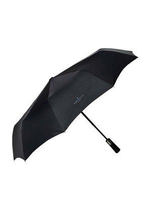 Schwarzer kompakter Regenschirm mit geradem Griff, auf dem das "Hackett London"-Logo auf der Kuppel zu sehen ist.