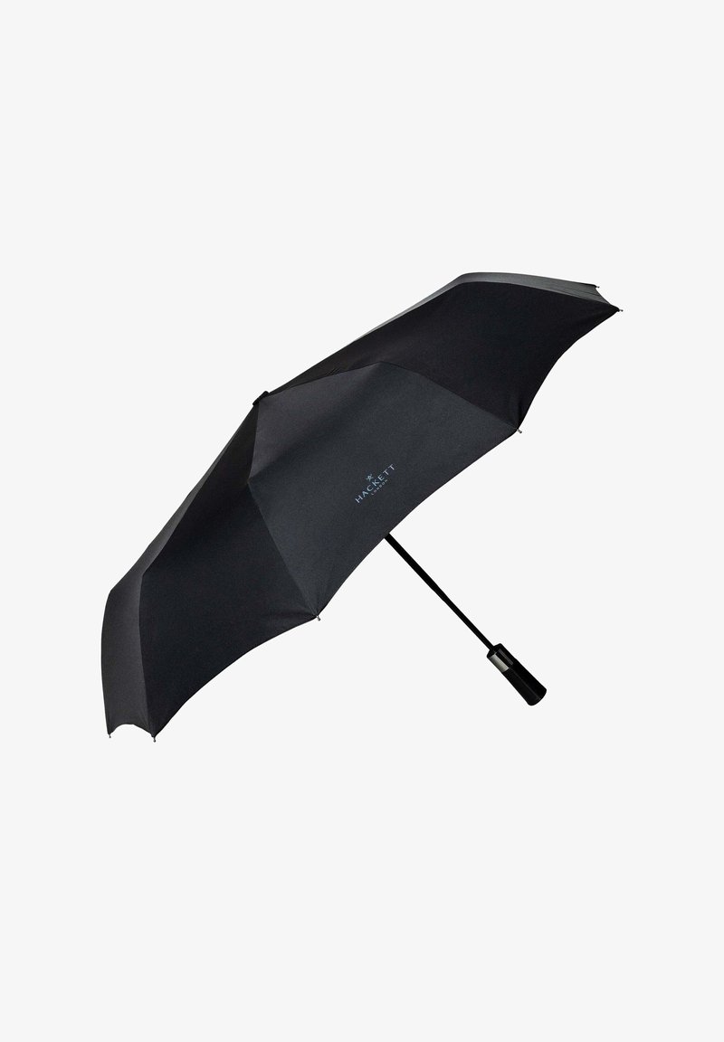 Schwarzer kompakter Regenschirm mit geradem Griff, auf dem das "Hackett London"-Logo auf der Kuppel zu sehen ist.