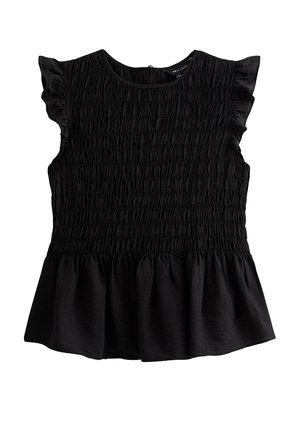 Czarna bezrękawnikowa bluzka z marszczonym górnym partem, falbaniastymi krótkimi rękawkami i rozszerzanym dołem.