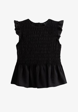 Czarna bezrękawnikowa bluzka z marszczonym górnym partem, falbaniastymi krótkimi rękawkami i rozszerzanym dołem.