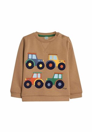 Brown sweatshirt with four colorful tractor appliqués: blue, yellow, orange, and green. Features a round neck and button detail on the shoulder.