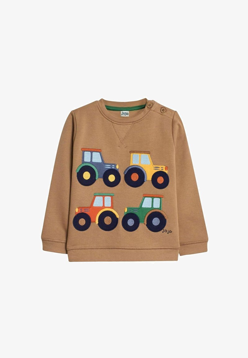 Sweatshirt maro cu patru applique colorate în formă de tractor: albastru, galben, portocaliu și verde. Dispune de un guler rotund și detaliu cu nasture pe umăr.