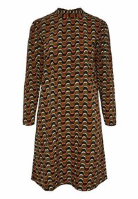 Långärmad klänning i ett vågigt mönster av mörkgrön, rost och krämfärgat. Har en hög halsringning och en avslappnad passform. Slät tygtextur.