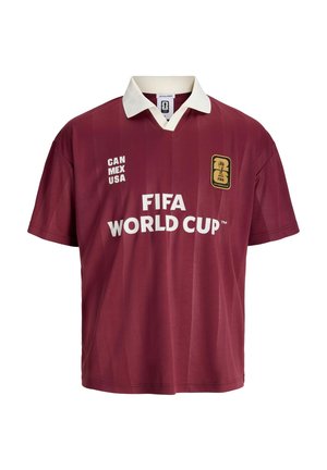 Maroon FIFA World Cup jersey with white collar, "CAN MEX USA" text, and gold FIFA World Cup logo on the chest.