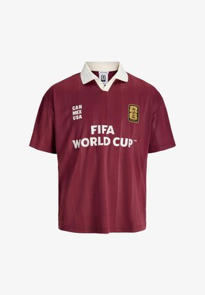 Maroon FIFA World Cup jersey with white collar, "CAN MEX USA" text, and gold FIFA World Cup logo on the chest.