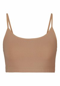 Bežinė medvilninė bralette liemenėlė su plonomis petnešėlėmis, be siūlių dizainu ir lygiu paviršiumi. Yra apvalus iškirpimas ir tiesus apatinis kraštas.