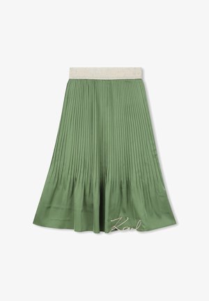 Zeleni nagubani krilo s širokim elastičnim pasom, na katerem je logotip. Izdelano iz gladkega materiala s tekočim dizajnom in rahlim sijajem.