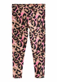 Leggings imprimé léopard en beige, marron et rose. Présentent des accents noirs et roses avec une coupe ajustée et une longueur cheville. Texture douce.