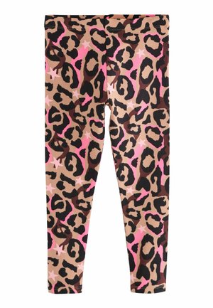 Leggings imprimé léopard en beige, marron et rose. Présentent des accents noirs et roses avec une coupe ajustée et une longueur cheville. Texture douce.