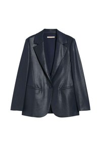 Marineblauer Blazer mit einem Knopf, glänzendem Finish, eingekerbten Revers, langen Ärmeln und zwei vorderen Paspeltaschen.