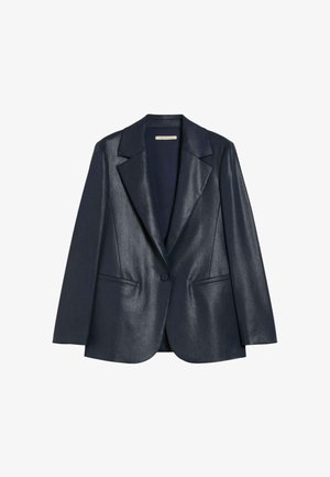 Marineblauwe blazer met enkele knoop en glanzende afwerking, met inkepingen op de revers, lange mouwen en twee voorzakken met bies.