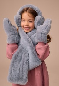 Light blue faux fur earmuffs and mittens paired with a pink textured coat, featuring a soft and cozy design.