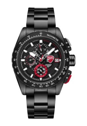 Crni Ducati kronografski sat s metalnom narukvicom, tahimetarskim okvirnim prstenom, tri podbroja, crvenim naglascima i prozorom za datum na 3 sata.