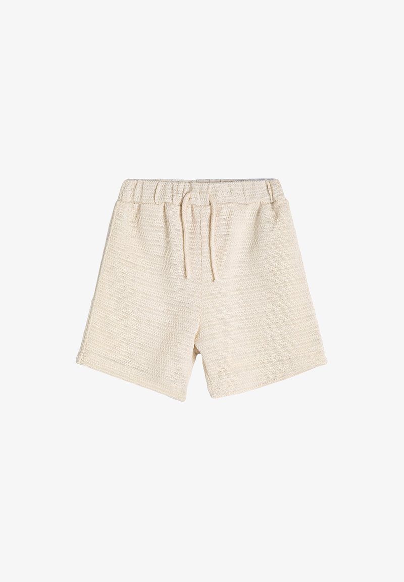 Beiga vävda shorts med elastisk midja och dragsko, med ett texturerat mönster och en avslappnad passform.