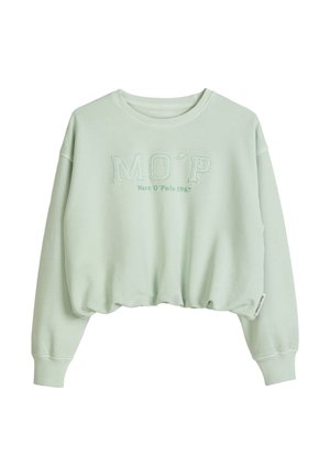 Sweat-shirt court vert clair à manches longues, poignets côtelés et "MO'P Marc O'Polo 1967" imprimé sur le devant.