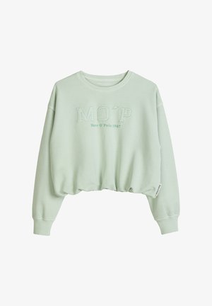 Sweat-shirt court vert clair à manches longues, poignets côtelés et "MO'P Marc O'Polo 1967" imprimé sur le devant.