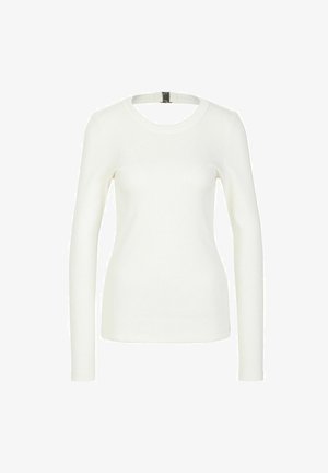 Langärmliges, weißes, geripptes Oberteil mit rundem Ausschnitt und einer offenen Detail hinten mit einem metallischen Reißverschluss.