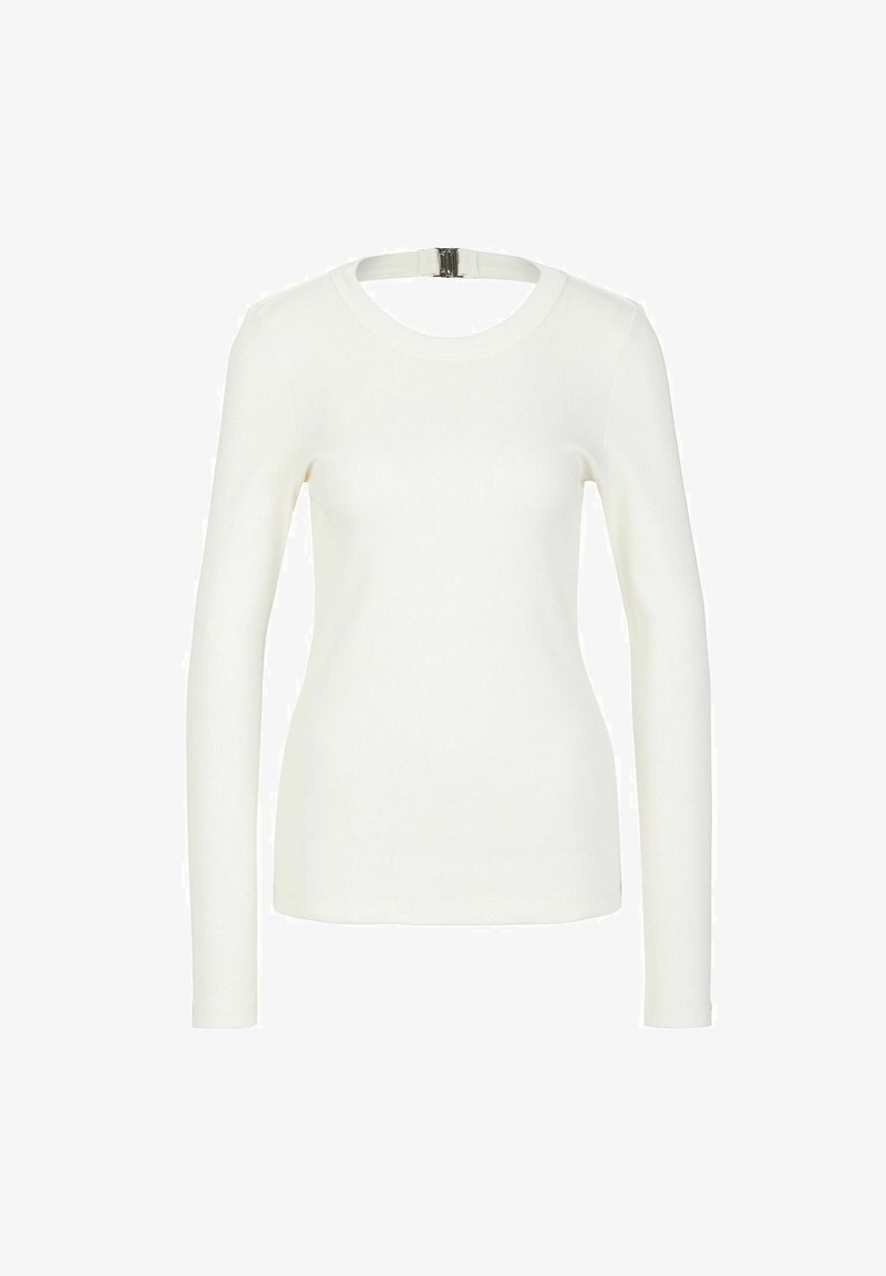 Long-sleeve white ribbed top featuring a round neckline and an open detail at the back with a metal zipper closure.