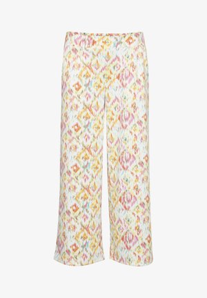 Hlače s širokimi hlačnicami iz lahkotnega materiala, ki imajo abstrakten cvetlični vzorec v rožnati, oranžni in modri barvi na belem ozadju. Elastika v pasu.