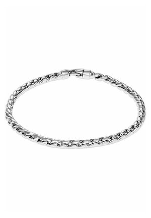 Silberne Kettenarmband mit verflochtenen Gliedern, das eine glatte, polierte Oberfläche und einen sicheren Verschluss aufweist.