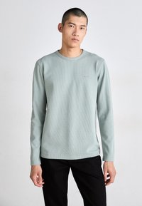 Lichtgroen shirt met lange mouwen in ribbelstructuur, met een ronde hals en een klein logo. Draagt donker broek en staat tegen een effen achtergrond.