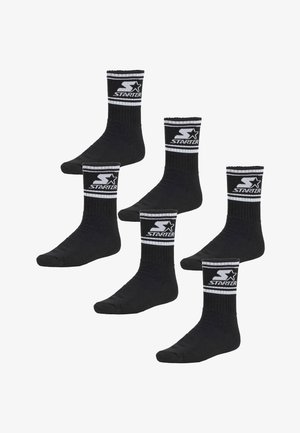 Black crew socks made of fabric, featuring ribbed texture, white horizontal stripes, and a logo on the cuff, sold in a pack of five.