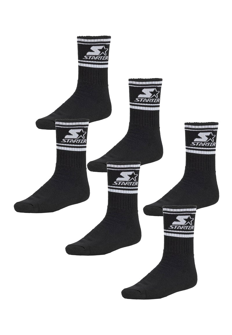 Schwarze Kniesocken aus Stoff, mit geripptem Muster, weißen horizontalen Streifen und einem Logo am Bündchen, verkauft im Fünferpack.
