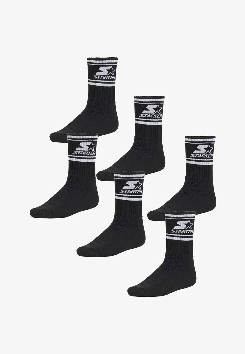 Black crew socks made of fabric, featuring ribbed texture, white horizontal stripes, and a logo on the cuff, sold in a pack of five.