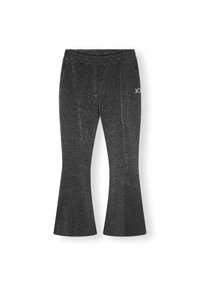 Uitlopende zwarte broek van gestructureerde stof, met een sprankelend patroon en een elastische tailleband. Bevat een klein logo aan de zijkant.