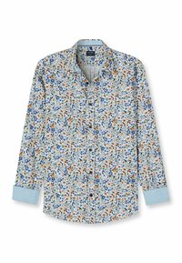 Blumenhemd mit langen Ärmeln auf hellblauem Hintergrund. Verfügt über mehrfarbige Blumen, einen spitzen Kragen und eine durchgehende Knopfleiste. Die Manschetten sind hellblau.